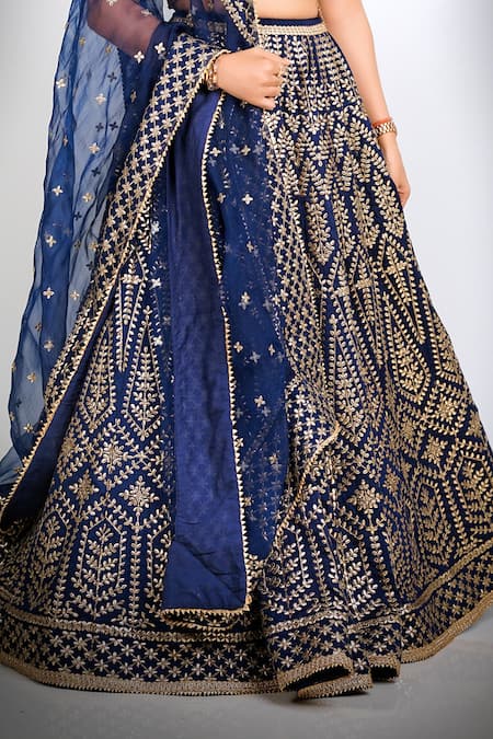 Buy Gopi Vaid Blue Dupatta - Organza, Lehenga And Blouse - Cotton Silk Floral Embroidered Set Online at Aza Fashions Buy_Gopi Vaid_Blue Dupatta - Organza, Lehenga And Blouse - Cotton Silk Floral Embroidered Set _Online_at_Aza_Fashions