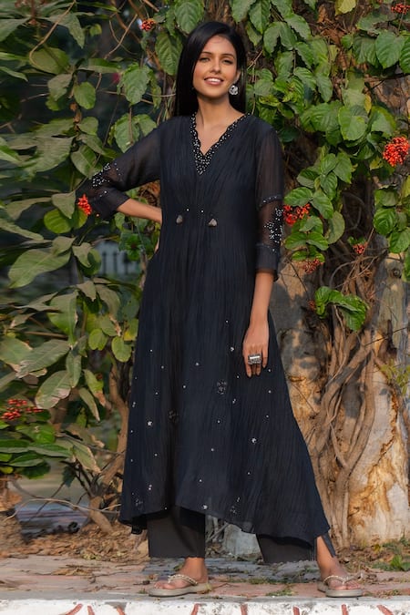 Beige_Black Chanderi, Cotton, Silk Organza Sequins, Cut Work V-neck Ruched Kurta Set_Online_at_Aza_Fashions