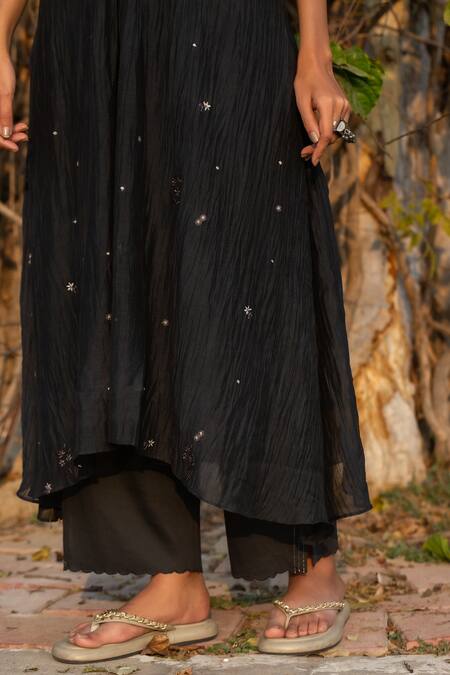 Shop_Beige_Black Chanderi, Cotton, Silk Organza Sequins, Cut Work V-neck Ruched Kurta Set_Online_at_Aza_Fashions