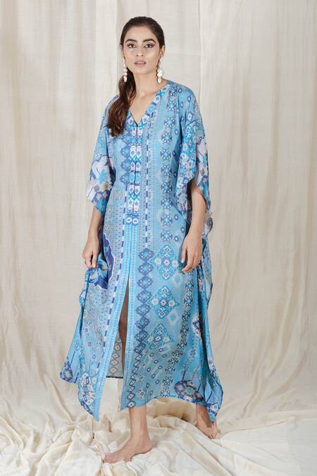 Buy The Boozy Button Blue Moroccan Silk Digital Print V Neck Pillow Talk Kaftan Online at Aza Fashions Buy_The Boozy Button_Blue Moroccan Silk Digital Print V Neck Pillow Talk Kaftan_Online_at_Aza_Fashions