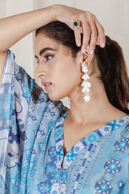 The Boozy Button Blue Moroccan Silk Digital Print V Neck Pillow Talk Kaftan at Aza Fashions The Boozy Button_Blue Moroccan Silk Digital Print V Neck Pillow Talk Kaftan_at_Aza_Fashions