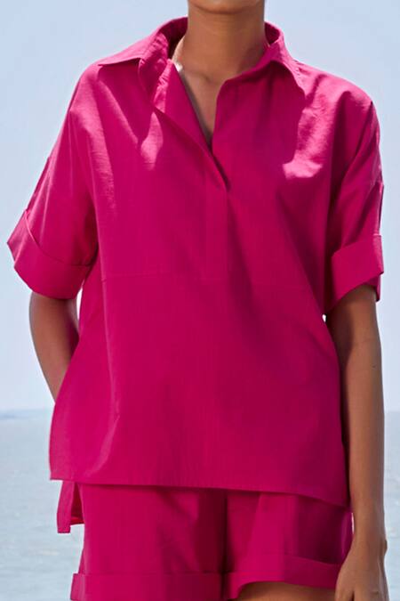 Buy MATI_1 Pink Cotton Collared Ekin Solid Shirt And Shorts Set Online at Aza Fashions Buy_MATI_1_Pink Cotton Collared Ekin Solid Shirt And Shorts Set _Online_at_Aza_Fashions