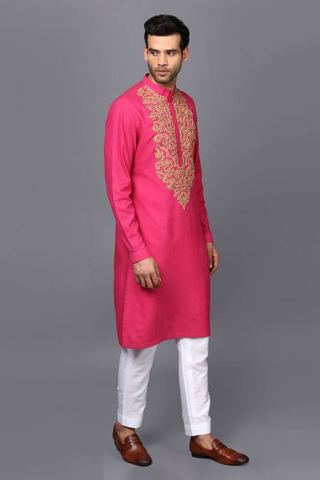 Seven_Pink Cotton Silk Embroidered Kurta Set_Online_at_Aza_Fashions
