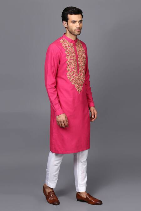 Buy_Seven_Pink Cotton Silk Embroidered Kurta Set_Online_at_Aza_Fashions