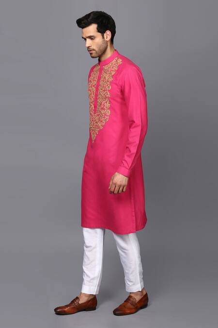 Shop_Seven_Pink Cotton Silk Embroidered Kurta Set_Online_at_Aza_Fashions