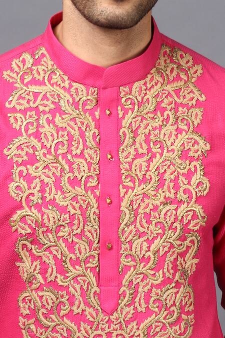 Seven_Pink Cotton Silk Embroidered Kurta Set_at_Aza_Fashions