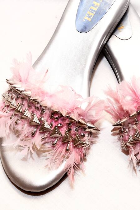 Buy_Foot Fuel_Pink Feathers, Studs Embellished Heels _Online_at_Aza_Fashions