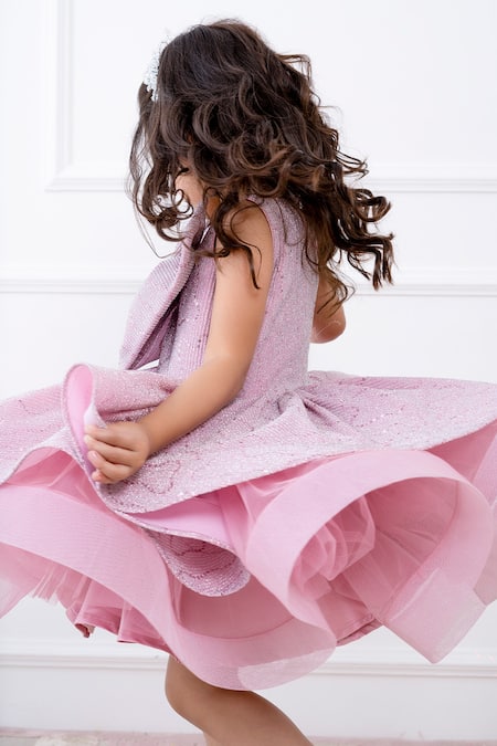 Shop_Hoity Moppet_Pink Satin Stones Exaggerated Bow Sequin Work Dress _Online_at_Aza_Fashions
