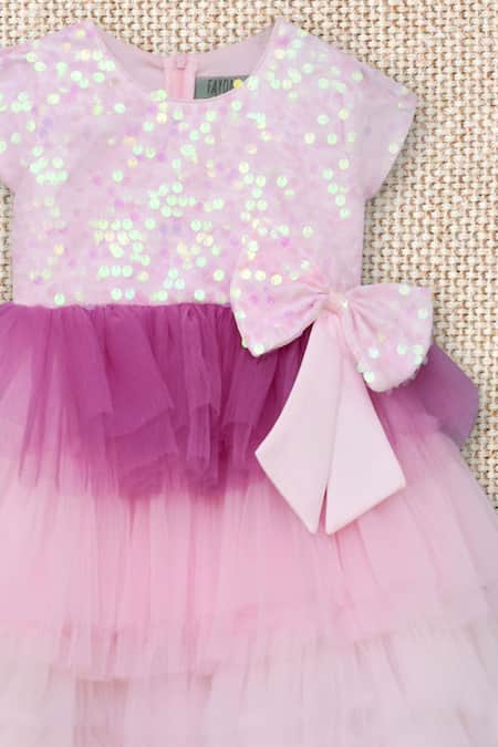 Fayon Kids_Pink Cotton, Net Sequins, Bows Embroidered Dress _Online_at_Aza_Fashions