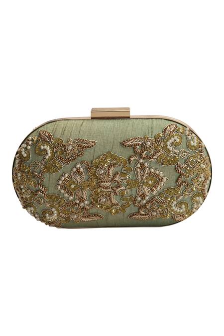 Buy_The Purple Sack_Green Embroidery Clutch With Sling _Online_at_Aza_Fashions