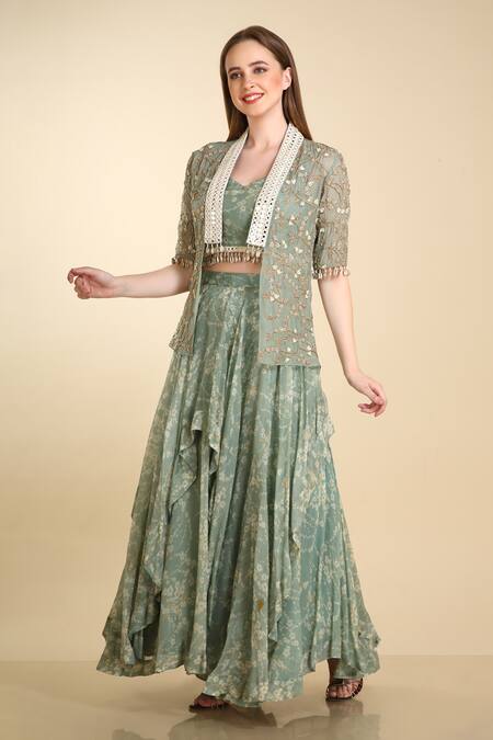 Preeti Jhawar_Green Georgette, Organza Silk Blousesweetheart Embroidered Cape And Lehenga Set_Online_at_Aza_Fashions