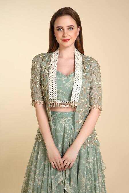 Buy_Preeti Jhawar_Green Georgette, Organza Silk Blousesweetheart Embroidered Cape And Lehenga Set_Online_at_Aza_Fashions