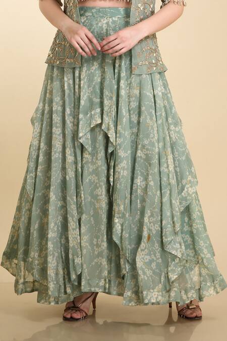 Preeti Jhawar_Green Georgette, Organza Silk Blousesweetheart Embroidered Cape And Lehenga Set_at_Aza_Fashions