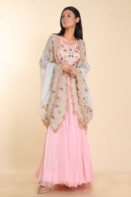 Preeti Jhawar Pink Georgette Embroidery Blouse Round Cape Open And Lehenga Set 