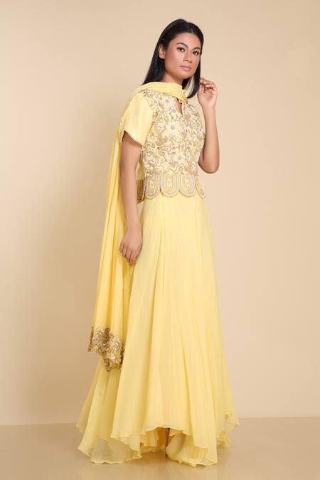 Buy_Preeti Jhawar_Yellow Georgette Silk Mandarin Collar Asymmetric Lehenga Set_Online_at_Aza_Fashions