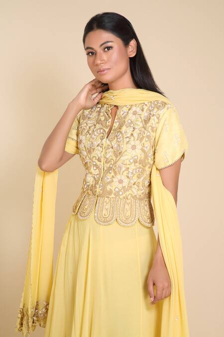 Shop_Preeti Jhawar_Yellow Georgette Silk Mandarin Collar Asymmetric Lehenga Set_Online_at_Aza_Fashions