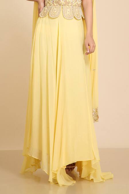 Preeti Jhawar_Yellow Georgette Silk Mandarin Collar Asymmetric Lehenga Set_at_Aza_Fashions
