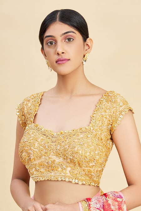 Buy_Pallavi Jaikishan_Gold Net Embroidered Blouse_Online_at_Aza_Fashions