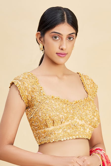 Pallavi Jaikishan_Gold Net Embroidered Blouse_Online_at_Aza_Fashions
