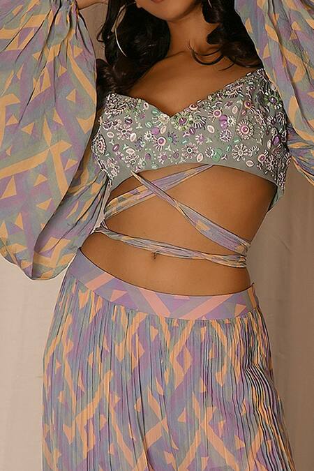 Shop_Nirmooha_Multi Color Chiffon Geometric, Sequin Printed Crop Top And Flared Pant Set _Online_at_Aza_Fashions