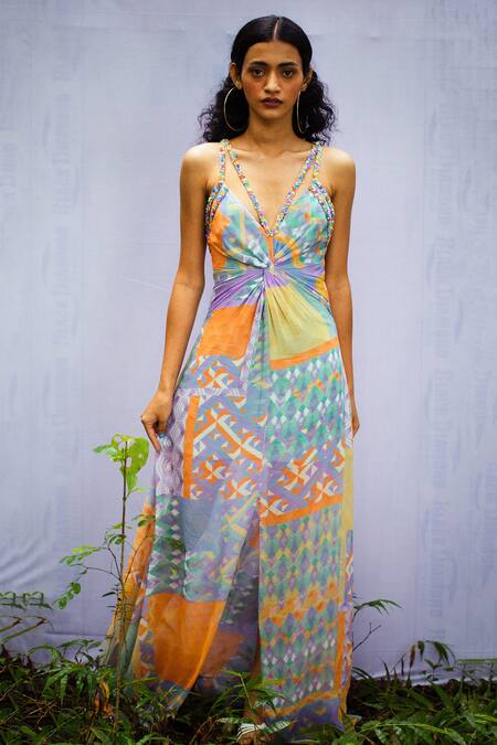 Nirmooha_Multi Color Georgette V Neck Printed Dress_Online_at_Aza_Fashions
