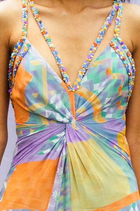 Buy_Nirmooha_Multi Color Georgette V Neck Printed Dress_Online_at_Aza_Fashions