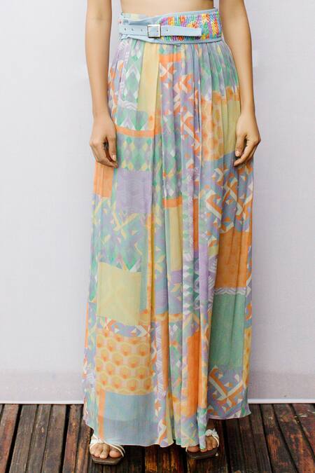 Shop_Nirmooha_Multi Color Georgette Printed Skirt_Online_at_Aza_Fashions