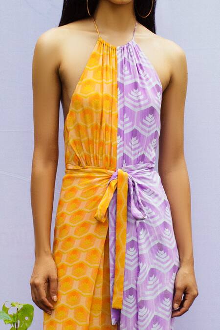 Nirmooha_Multi Color Georgette Halter Printed Jumpsuit _Online_at_Aza_Fashions