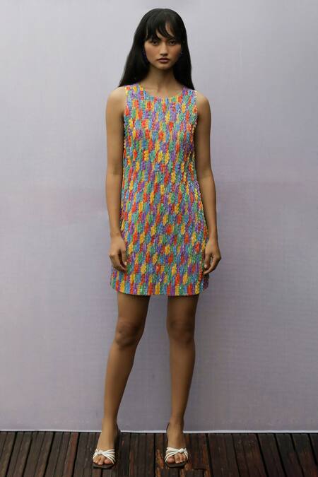 Nirmooha Multi Color Georgette Round Embellished Dress Online at Aza Fashions Nirmooha_Multi Color Georgette Round Embellished Dress _Online_at_Aza_Fashions