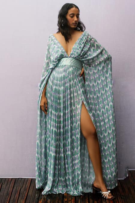 Nirmooha Multi Color Chinon Chiffon V Neck Printed Kaftan Dress Online at Aza Fashions Nirmooha_Multi Color Chinon Chiffon V Neck Printed Kaftan Dress _Online_at_Aza_Fashions