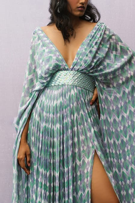 Buy Nirmooha Multi Color Chinon Chiffon V Neck Printed Kaftan Dress Online at Aza Fashions Buy_Nirmooha_Multi Color Chinon Chiffon V Neck Printed Kaftan Dress _Online_at_Aza_Fashions