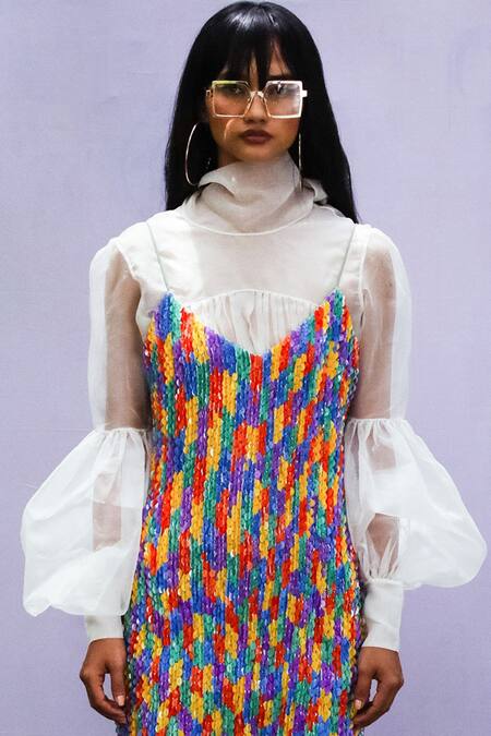 Nirmooha_White Organza And Cutdana Work High Top_Online_at_Aza_Fashions