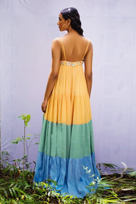 Shop Nirmooha Multi Color Chinon Chiffon V Neck Embellished Dress at Aza Fashions Shop_Nirmooha_Multi Color Chinon Chiffon V Neck Embellished Dress _at_Aza_Fashions
