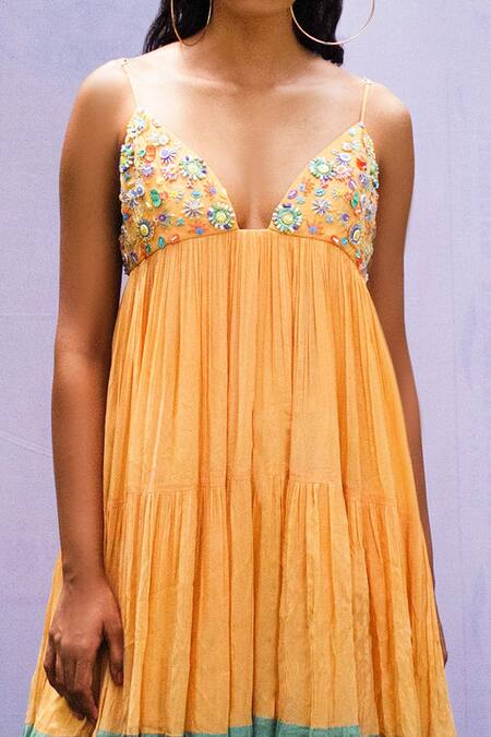 Shop Nirmooha Multi Color Chinon Chiffon V Neck Embellished Dress Online at Aza Fashions Shop_Nirmooha_Multi Color Chinon Chiffon V Neck Embellished Dress _Online_at_Aza_Fashions