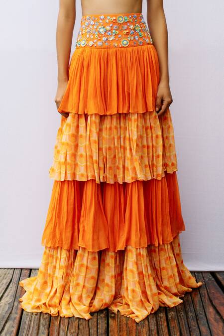 Buy_Nirmooha_Orange Georgette Printed Layered Skirt _Online_at_Aza_Fashions