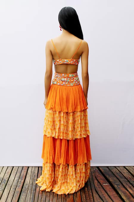 Nirmooha_Orange Georgette V Neck Embellished Crop Top _Online_at_Aza_Fashions