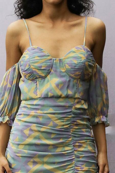 Nirmooha Multi Color Chinon Chiffon Cold Shoulder Printed Gown at Aza Fashions Nirmooha_Multi Color Chinon Chiffon Cold Shoulder Printed Gown _at_Aza_Fashions