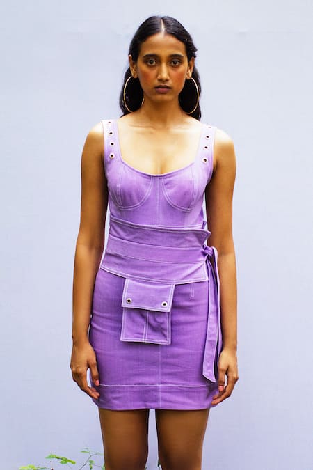 Buy Nirmooha Purple Stretch Denim Round Bodycon Dress Online at Aza Fashions Buy_Nirmooha_Purple Stretch Denim Round Bodycon Dress _Online_at_Aza_Fashions