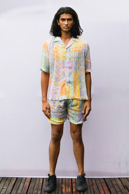 Nirmooha Multi Color Chinon Chiffon Printed Shirt And Shorts Set Online at Aza Fashions Nirmooha_Multi Color Chinon Chiffon Printed Shirt And Shorts Set _Online_at_Aza_Fashions