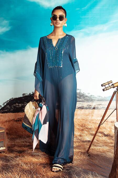 Nirmooha Blue Georgette Round Embellished Kaftan Online at Aza Fashions Nirmooha_Blue Georgette Round Embellished Kaftan_Online_at_Aza_Fashions