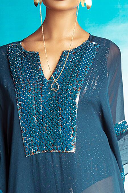 Buy Nirmooha Blue Georgette Round Embellished Kaftan Online at Aza Fashions Buy_Nirmooha_Blue Georgette Round Embellished Kaftan_Online_at_Aza_Fashions