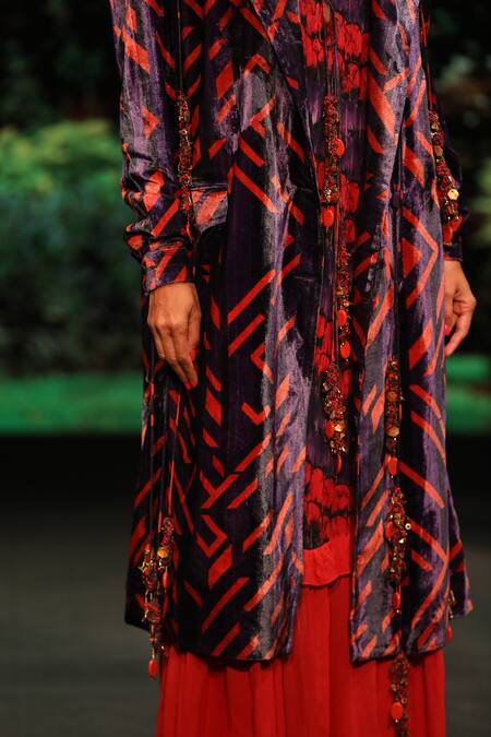 Nirmooha_Purple Velvet Lapel Collar Printed Long Jacket_at_Aza_Fashions