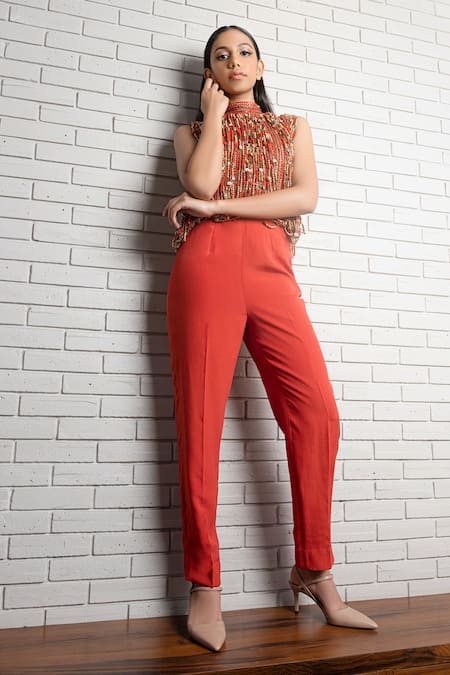 Red cigarette pants with gota embroidery by Akiso  The Secret Label