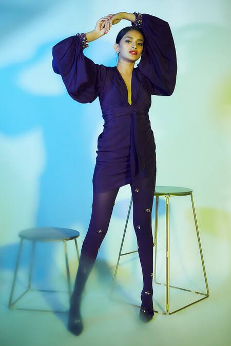 Nirmooha Purple Crepe V Neck Drape Dress Online at Aza Fashions Nirmooha_Purple Crepe V Neck Drape Dress_Online_at_Aza_Fashions