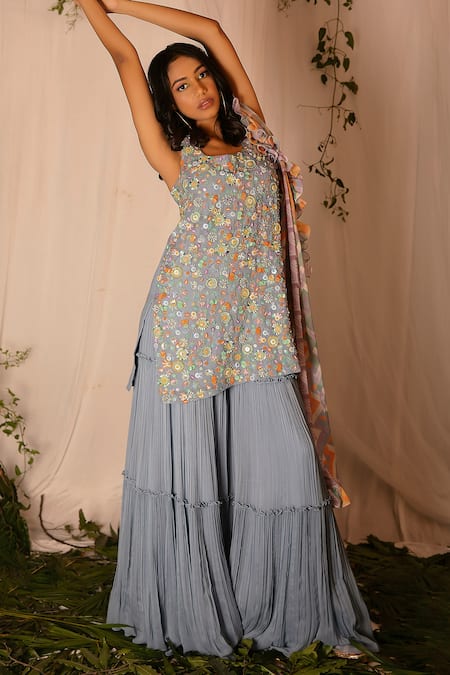 Nirmooha_Blue Georgette Sequin Round Hand Embroidered Kurta Set_Online_at_Aza_Fashions
