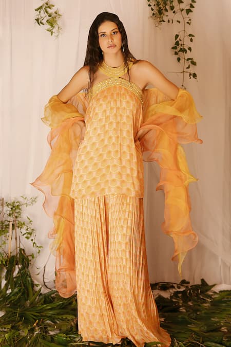 Nirmooha_Orange Nokia Silk Printed Geometric Halter Sharara Set _Online_at_Aza_Fashions