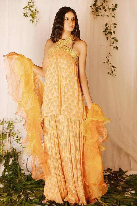 Shop_Nirmooha_Orange Nokia Silk Printed Geometric Halter Sharara Set _at_Aza_Fashions