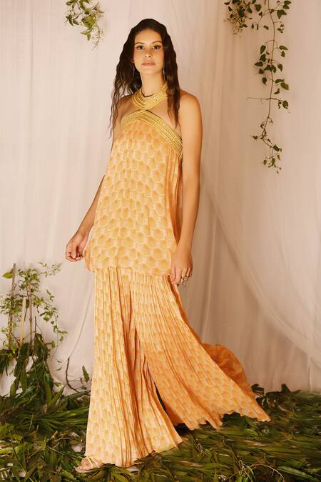 Buy_Nirmooha_Orange Nokia Silk Printed Geometric Halter Sharara Set _Online_at_Aza_Fashions