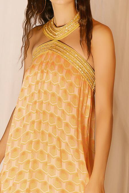 Shop_Nirmooha_Orange Nokia Silk Printed Geometric Halter Sharara Set _Online_at_Aza_Fashions
