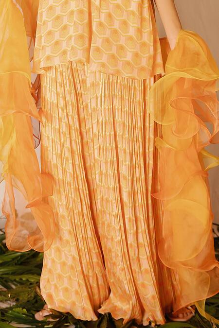 Nirmooha_Orange Nokia Silk Printed Geometric Halter Sharara Set _at_Aza_Fashions